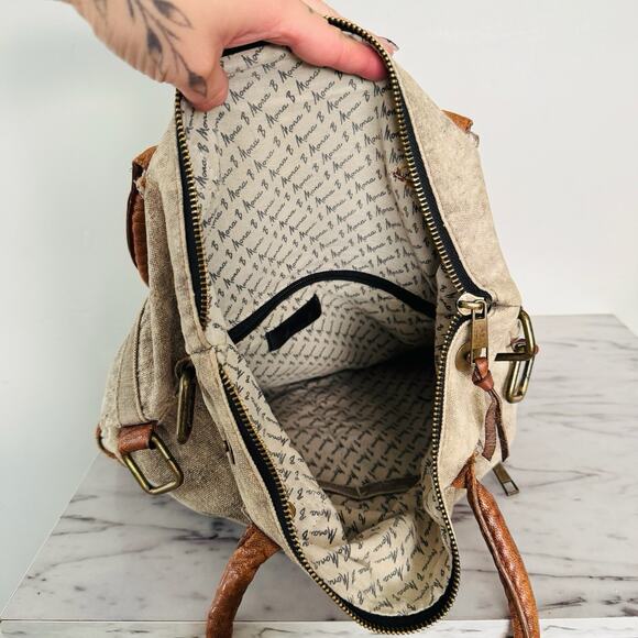 Mona B Tan Canvas And Leather Satchel Shoulder Bag - Picture 8 of 10